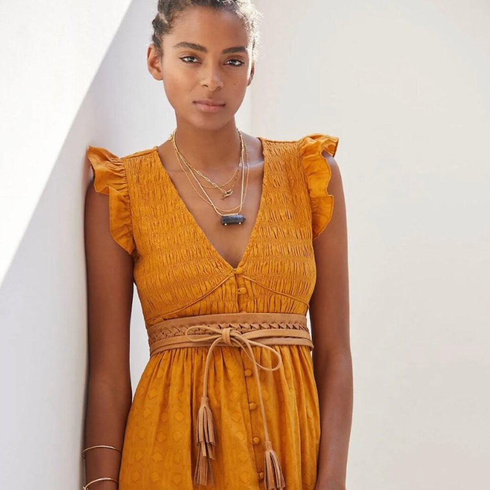 Anthropologie Smocked Ruffle Maxi Dress in Mustard Yellow XS